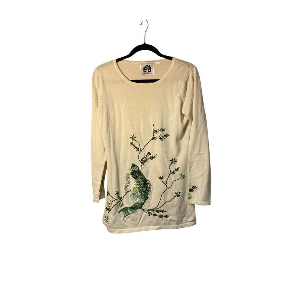 Storybook knits women’s cream, embroidered fish floral pearl sweater S/M